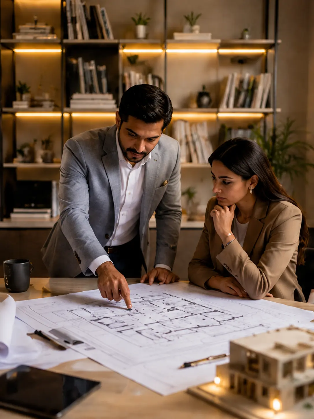Square Homes architects reviewing residential construction blueprints with a client