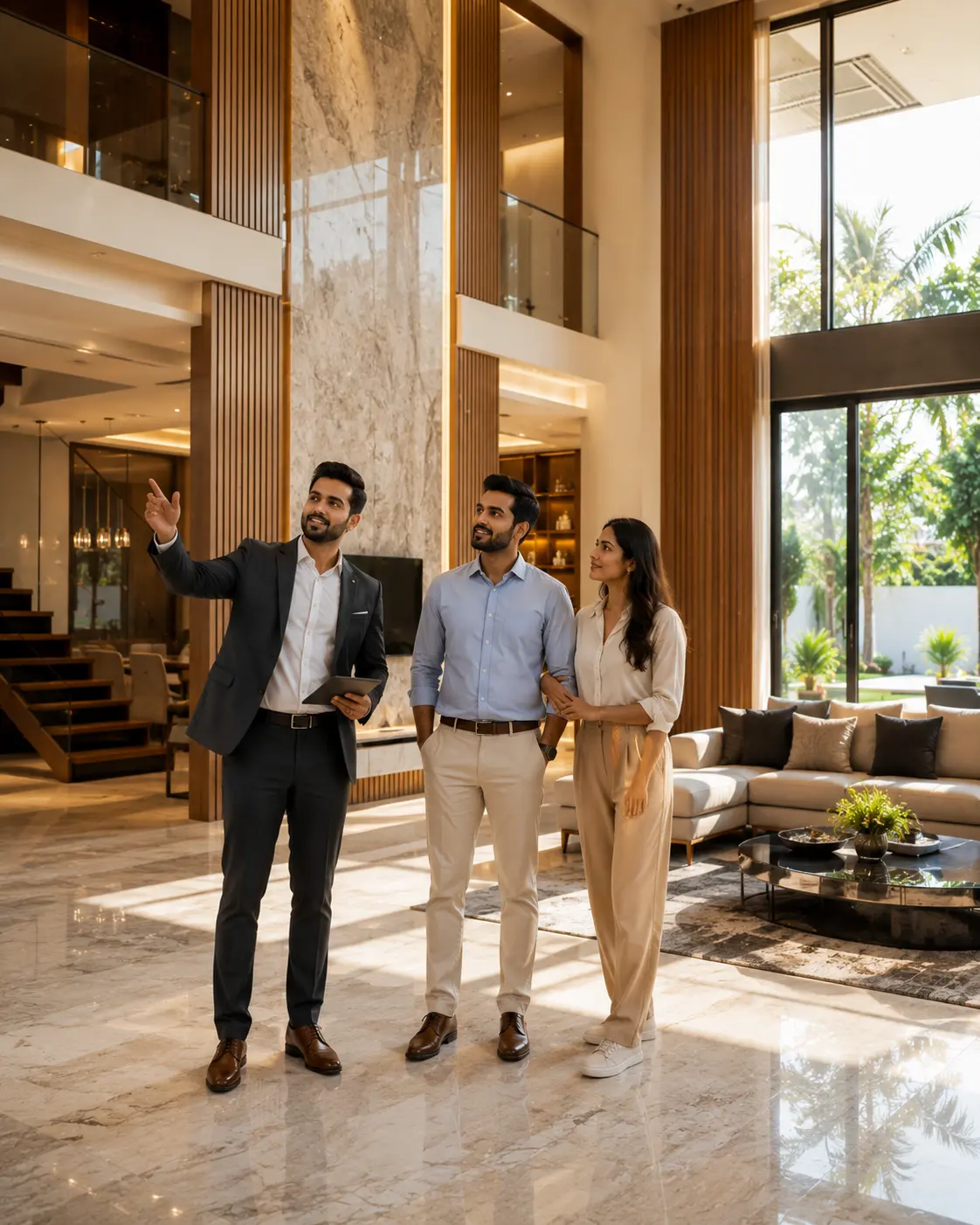 Architect discussing the completed luxury home with homeowners